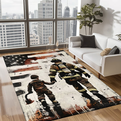 Dynamic Dad Firefighter and Son Personalized Rug: Symbolize Family and Heroism, Firefighter Rugs for Living Room Bedroom, Firefighter Rectangular Rugs Full Size FR71