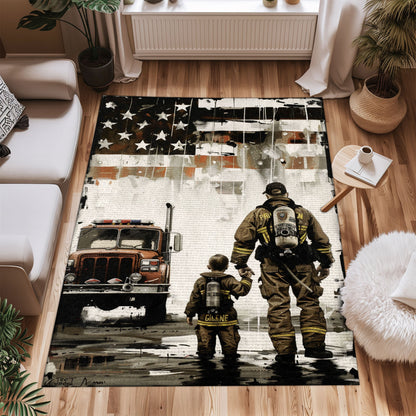 Bold Fire Truck in Front of the USA Flag Area Rug: Show Support for First Responders and Nation, Firefighter Rugs for Living Room Bedroom, Firefighter Rectangular Rugs Full Size FR60