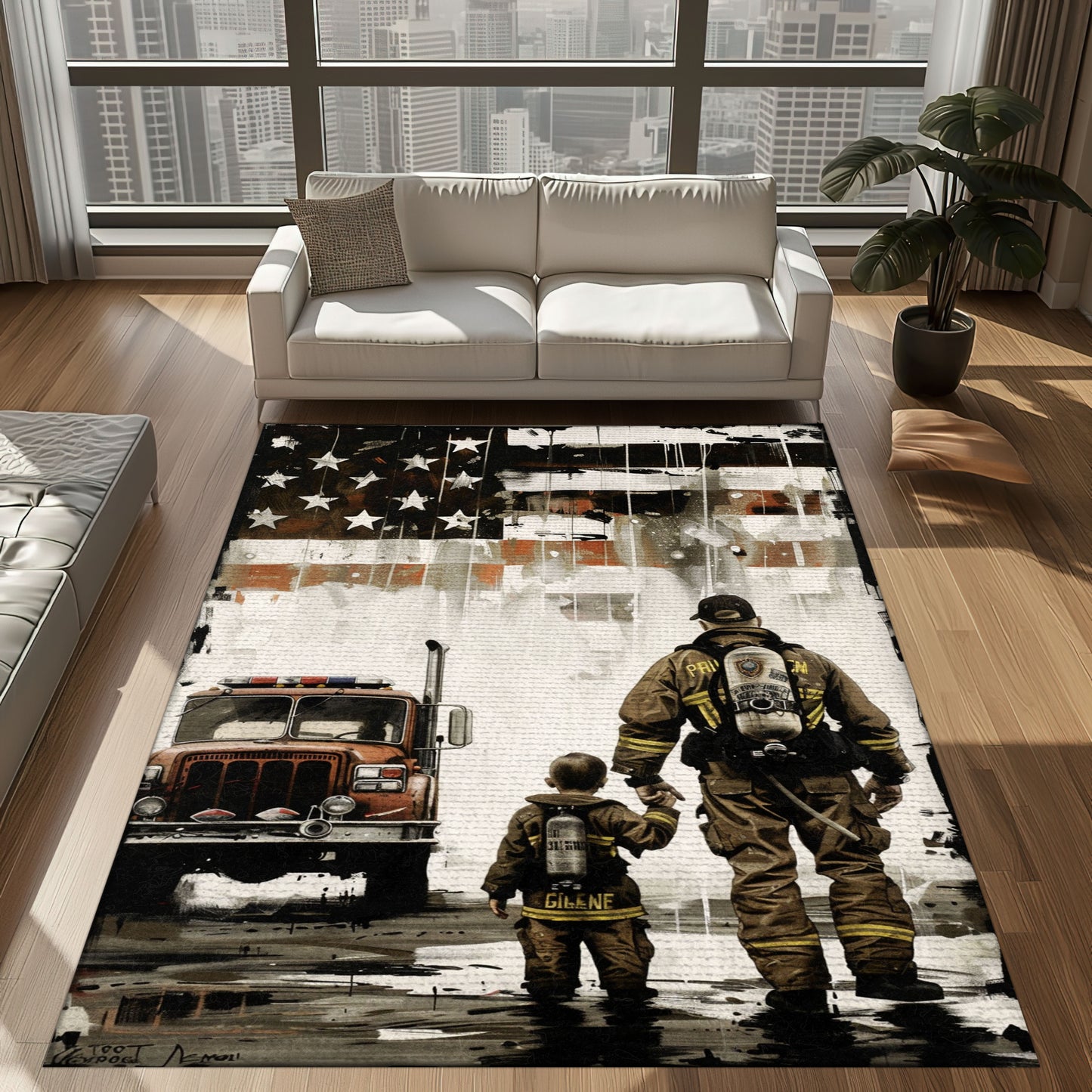 Bold Fire Truck in Front of the USA Flag Area Rug: Show Support for First Responders and Nation, Firefighter Rugs for Living Room Bedroom, Firefighter Rectangular Rugs Full Size FR60