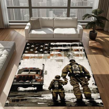 Bold Fire Truck in Front of the USA Flag Area Rug: Show Support for First Responders and Nation, Firefighter Rugs for Living Room Bedroom, Firefighter Rectangular Rugs Full Size FR60