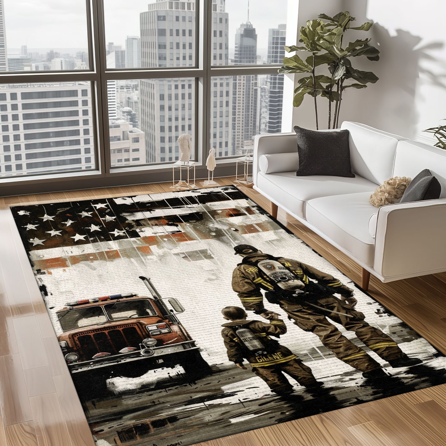 Bold Fire Truck in Front of the USA Flag Area Rug: Show Support for First Responders and Nation, Firefighter Rugs for Living Room Bedroom, Firefighter Rectangular Rugs Full Size FR60