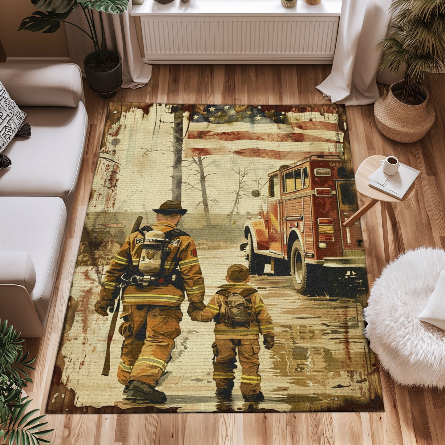 Bold Fire Truck in Front of the USA Flag Area Rug: Show Support for First Responders and Nation, Firefighter Rugs for Living Room Bedroom, Firefighter Rectangular Rugs Full Size FR60