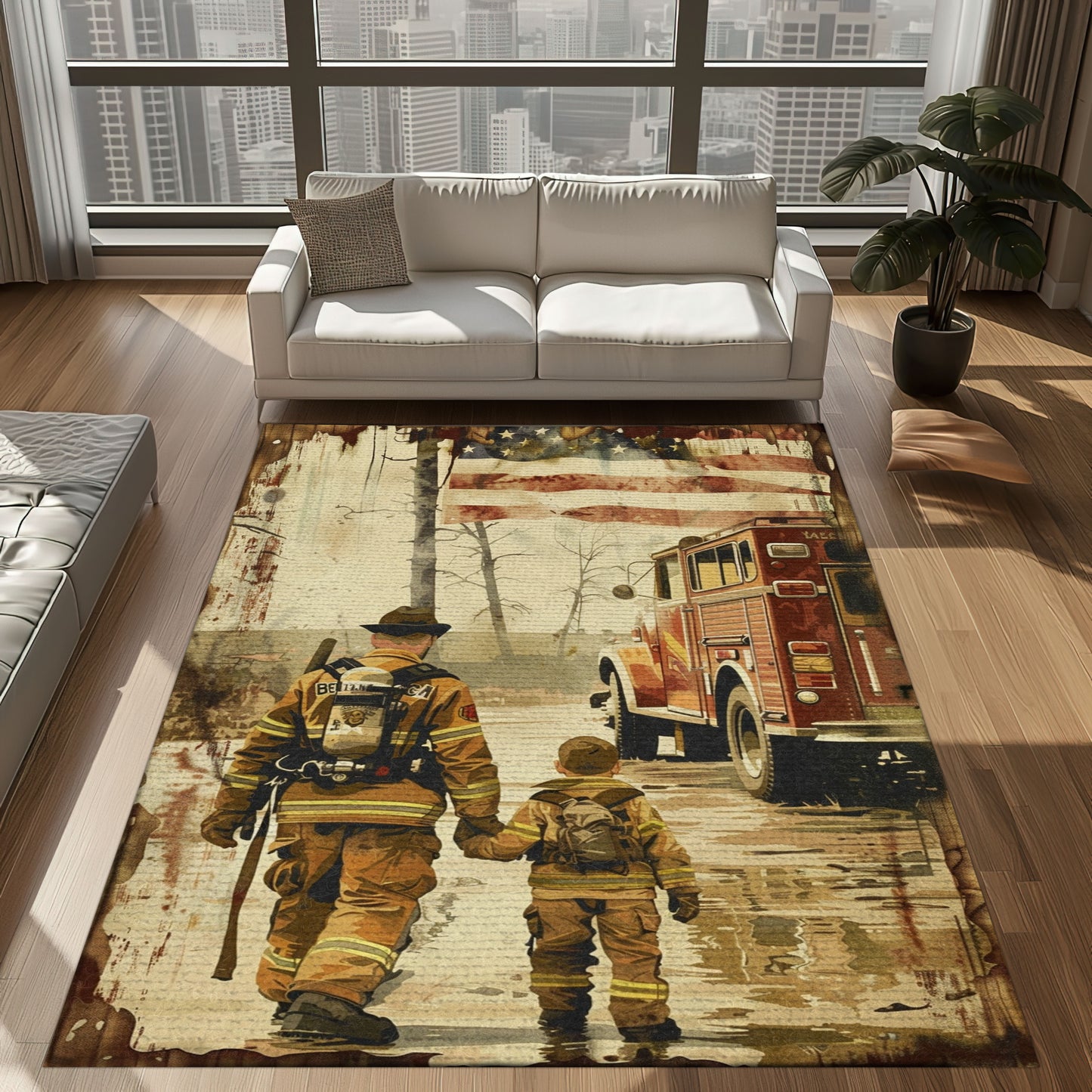 Bold Fire Truck in Front of the USA Flag Area Rug: Show Support for First Responders and Nation, Firefighter Rugs for Living Room Bedroom, Firefighter Rectangular Rugs Full Size FR60