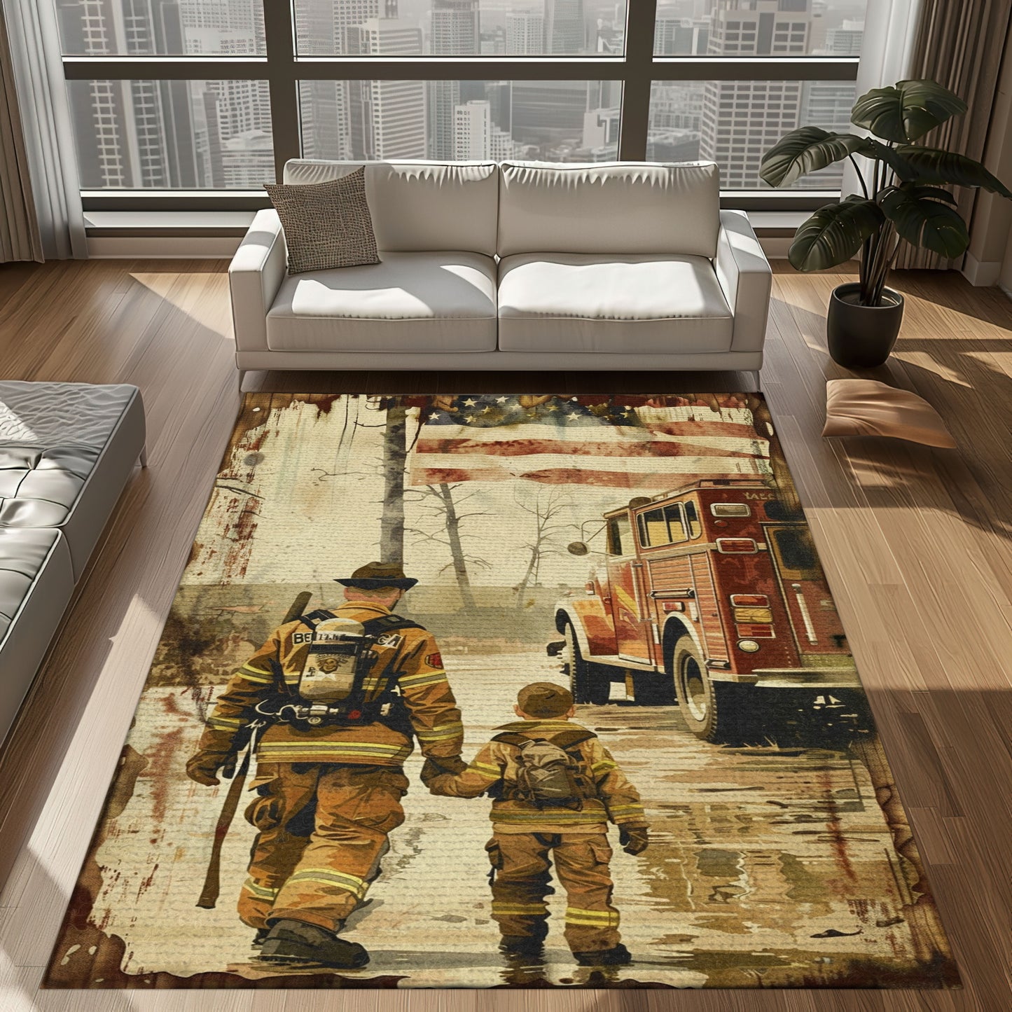 Vibrant Dad Firefighter and Son Personalized Area Rug: Celebrate Fatherhood and Courage, Firefighter Rugs for Living Room Bedroom, Firefighter Rectangular Rugs Full Size FR69