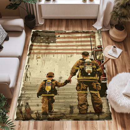 Bold Fire Truck in Front of the USA Flag Area Rug: Show Support for First Responders and Nation, Firefighter Rugs for Living Room Bedroom, Firefighter Rectangular Rugs Full Size FR60