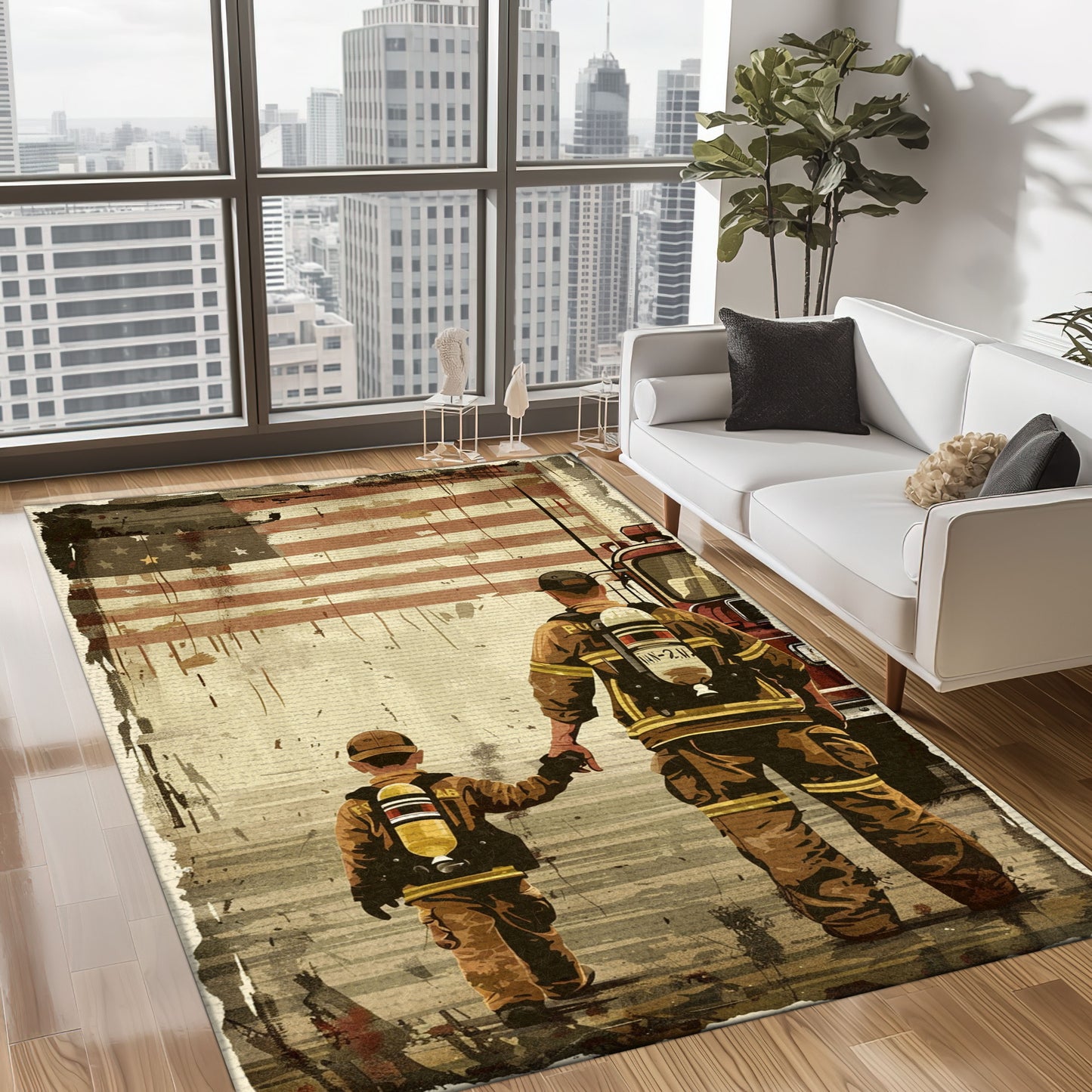 Bold Fire Truck in Front of the USA Flag Area Rug: Show Support for First Responders and Nation, Firefighter Rugs for Living Room Bedroom, Firefighter Rectangular Rugs Full Size FR60