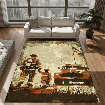 Bold Fire Truck in Front of the USA Flag Area Rug: Show Support for First Responders and Nation, Firefighter Rugs for Living Room Bedroom, Firefighter Rectangular Rugs Full Size FR60