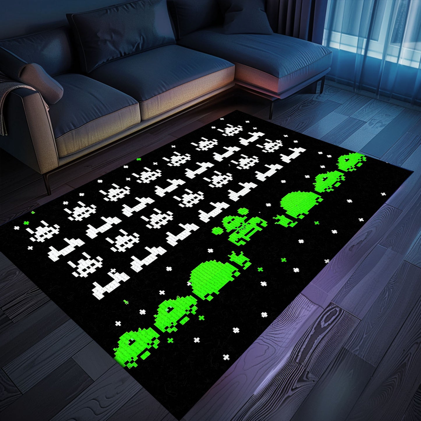 Personalize Your Space with Dark and Neon 80s Arcade Carpet, Featuring Iconic Space Invaders Design, Arcade Decor, Gift for Gamers, Video Game Lovers G179