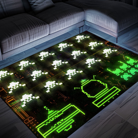 Indulge in Gaming Nostalgia with Dark and Neon 80s Arcade Carpet, Adorned with Space Invaders Artwork, Arcade Decor, Gift for Gamers, Video Game Lovers G177