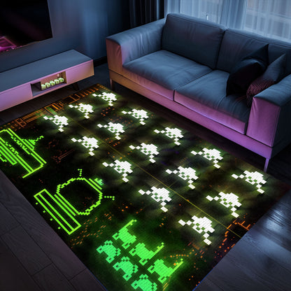 Indulge in Gaming Nostalgia with Dark and Neon 80s Arcade Carpet, Adorned with Space Invaders Artwork, Arcade Decor, Gift for Gamers, Video Game Lovers G177