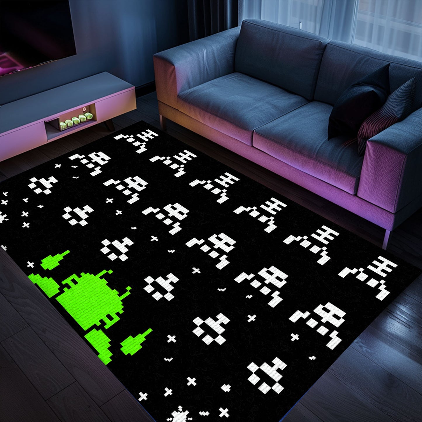 Transport Yourself to the Golden Age of Gaming with Dark and Neon 80s Arcade Carpet, Featuring Space Invaders, Arcade Decor, Gift for Gamers, Video Game Lovers G174