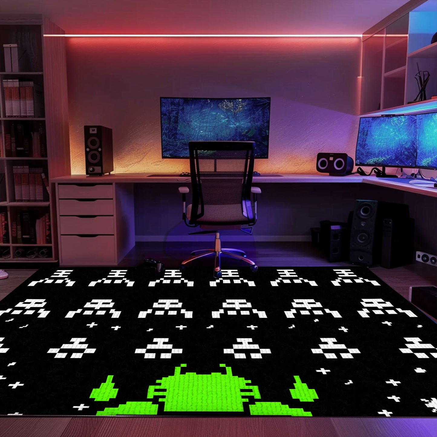 Transport Yourself to the Golden Age of Gaming with Dark and Neon 80s Arcade Carpet, Featuring Space Invaders, Arcade Decor, Gift for Gamers, Video Game Lovers G174