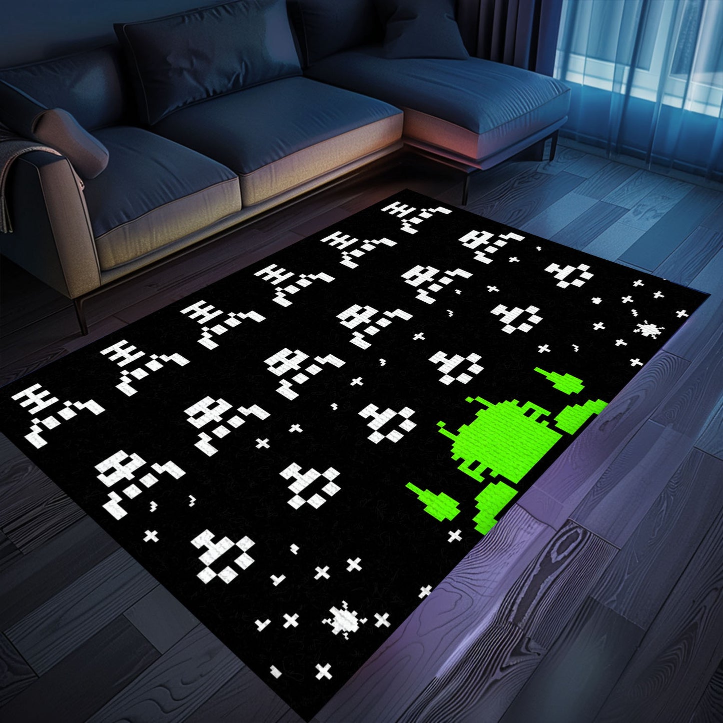 Transport Yourself to the Golden Age of Gaming with Dark and Neon 80s Arcade Carpet, Featuring Space Invaders, Arcade Decor, Gift for Gamers, Video Game Lovers G174