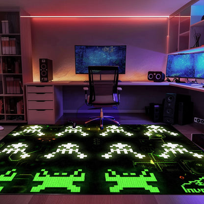 Enhance Your Room Décor with Dark and Neon 80s Arcade Carpet, Celebrating Space Invaders Legacy, Arcade Decor, Gift for Gamers, Video Game Lovers G173
