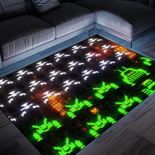 Make a Statement with Dark and Neon 80s Arcade Carpet, Evoking the Excitement of Space Invaders, Arcade Decor, Gift for Gamers, Video Game Lovers G172