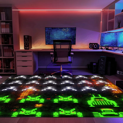 Make a Statement with Dark and Neon 80s Arcade Carpet, Evoking the Excitement of Space Invaders, Arcade Decor, Gift for Gamers, Video Game Lovers G172
