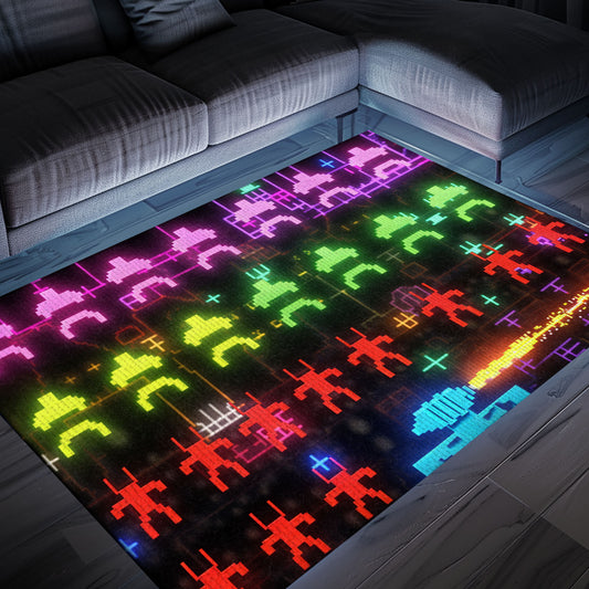Revamp Your Space with Dark and Neon 80s Arcade Carpet, Channeling the Spirit of Space Invaders, Arcade Decor, Gift for Gamers, Video Game Lovers G171