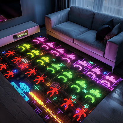 Revamp Your Space with Dark and Neon 80s Arcade Carpet, Channeling the Spirit of Space Invaders, Arcade Decor, Gift for Gamers, Video Game Lovers G171