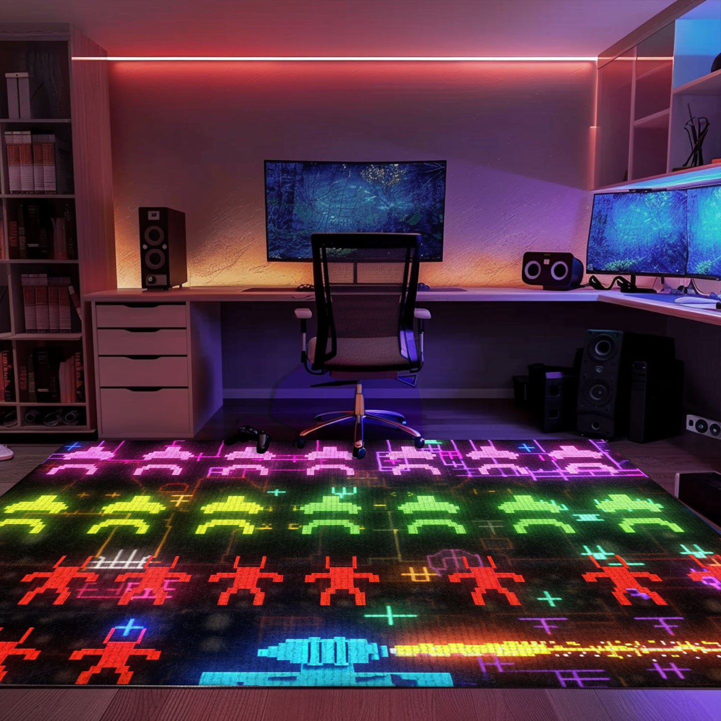 Revamp Your Space with Dark and Neon 80s Arcade Carpet, Channeling the Spirit of Space Invaders, Arcade Decor, Gift for Gamers, Video Game Lovers G171