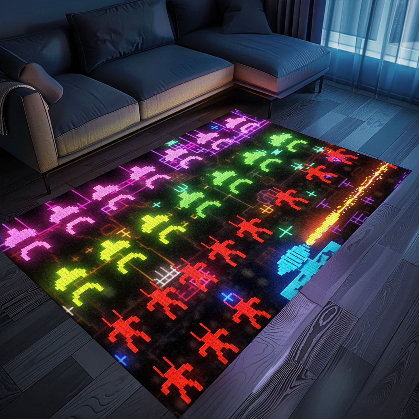 Revamp Your Space with Dark and Neon 80s Arcade Carpet, Channeling the Spirit of Space Invaders, Arcade Decor, Gift for Gamers, Video Game Lovers G171