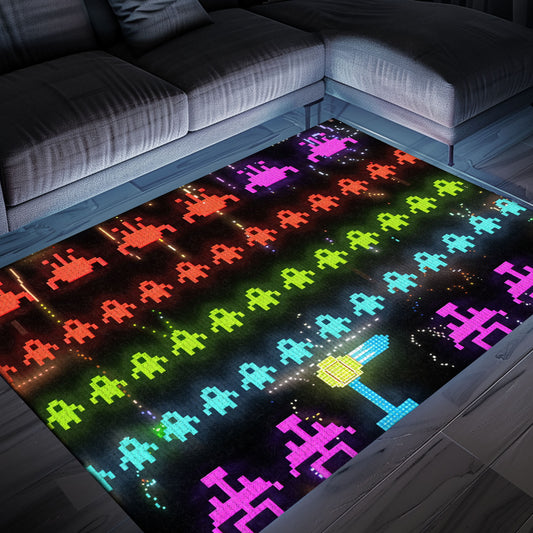 Create a Gaming Oasis at Home with Dark and Neon 80s Arcade Carpet, Capturing Space Invaders Aesthetic, Arcade Decor, Gift for Gamers, Video Game Lovers G170