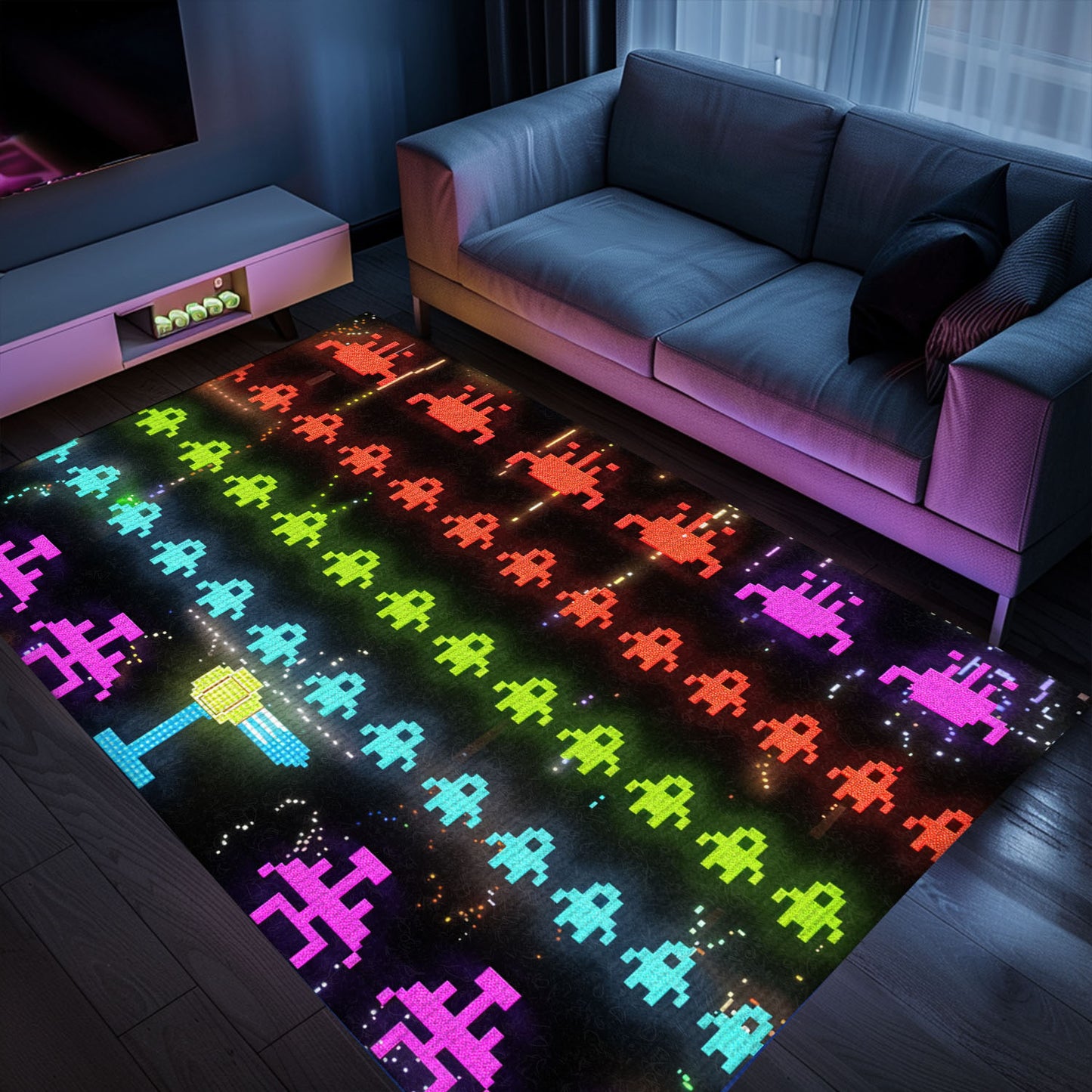 Create a Gaming Oasis at Home with Dark and Neon 80s Arcade Carpet, Capturing Space Invaders Aesthetic, Arcade Decor, Gift for Gamers, Video Game Lovers G170