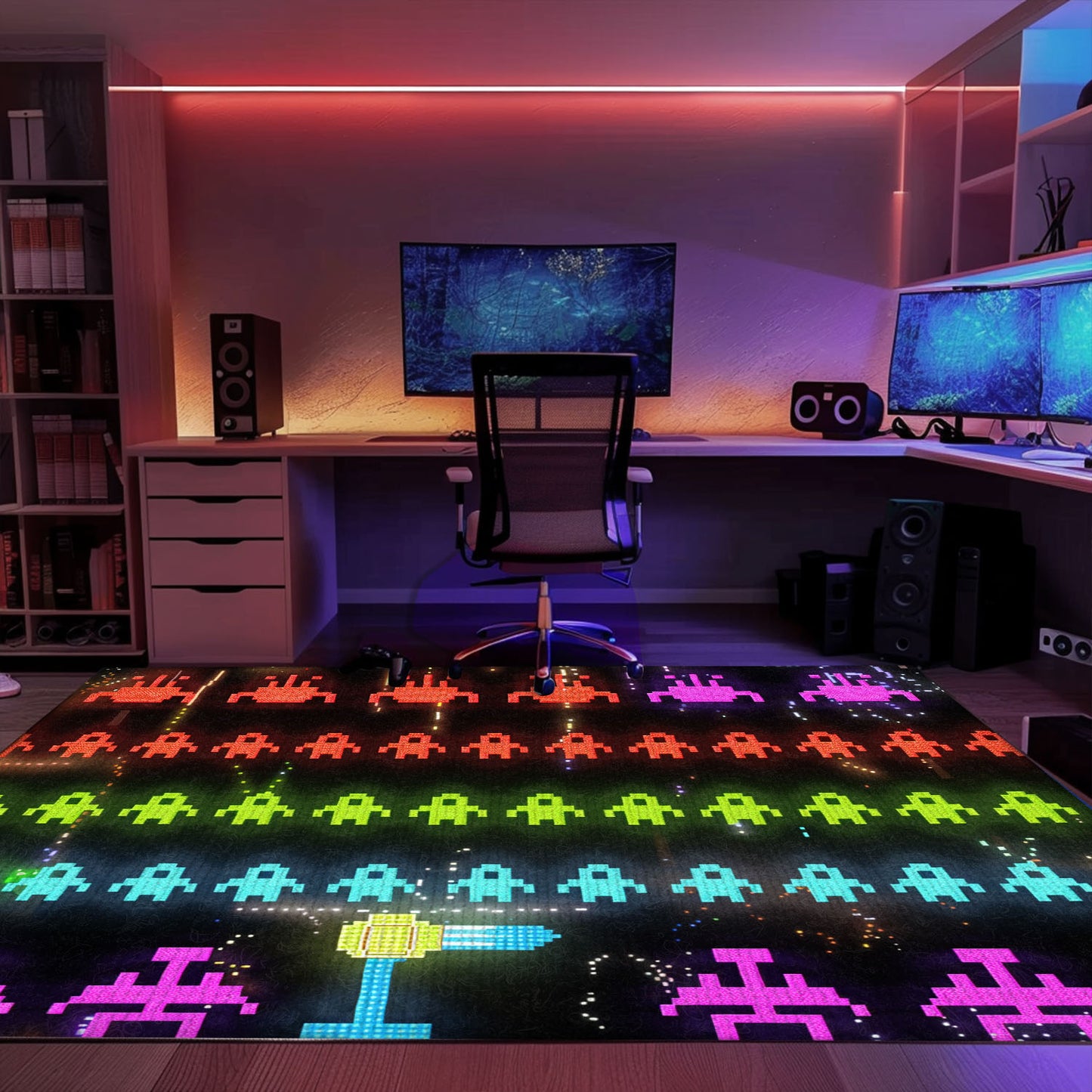 Create a Gaming Oasis at Home with Dark and Neon 80s Arcade Carpet, Capturing Space Invaders Aesthetic, Arcade Decor, Gift for Gamers, Video Game Lovers G170