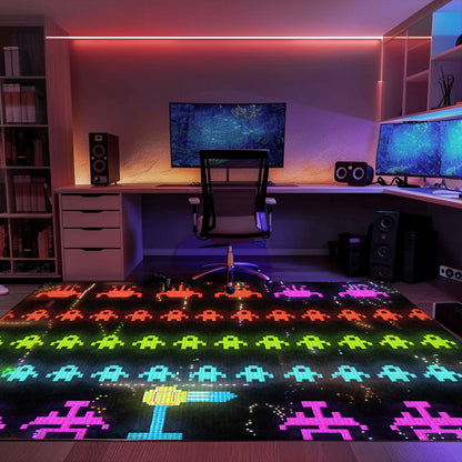 Create a Gaming Oasis at Home with Dark and Neon 80s Arcade Carpet, Capturing Space Invaders Aesthetic, Arcade Decor, Gift for Gamers, Video Game Lovers G170