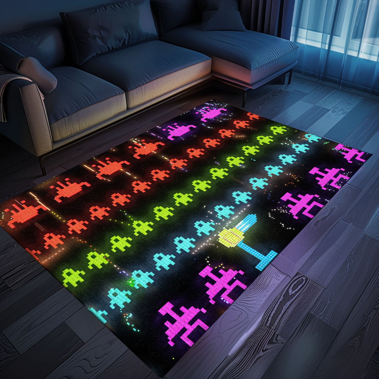 Create a Gaming Oasis at Home with Dark and Neon 80s Arcade Carpet, Capturing Space Invaders Aesthetic, Arcade Decor, Gift for Gamers, Video Game Lovers G170