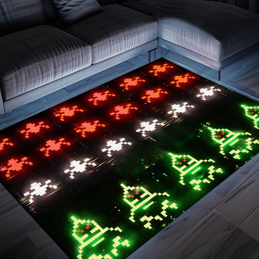 Imbue Your Room with Retro Gaming Charm with Dark and Neon 80s Arcade Carpet, Showcasing Space Invaders Theme, Arcade Decor, Gift for Gamers, Video Game Lovers G180