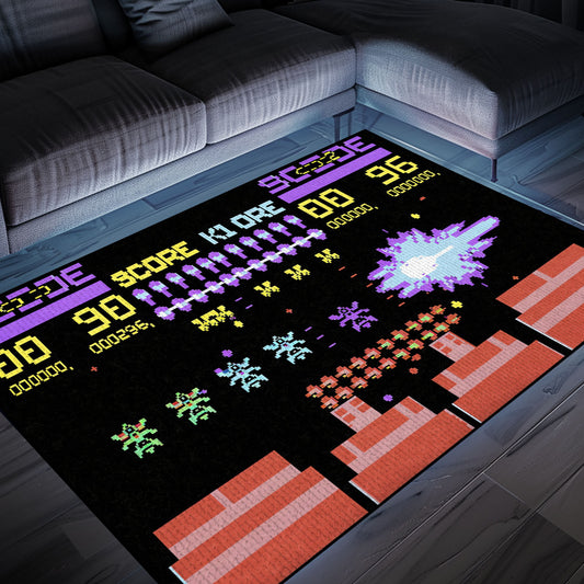Infuse Your Living Space with Arcade Vibes: Dark and Neon 80s Carpet with Space Invaders Design, Arcade Decor, Gift for Gamers, Video Game Lovers G166