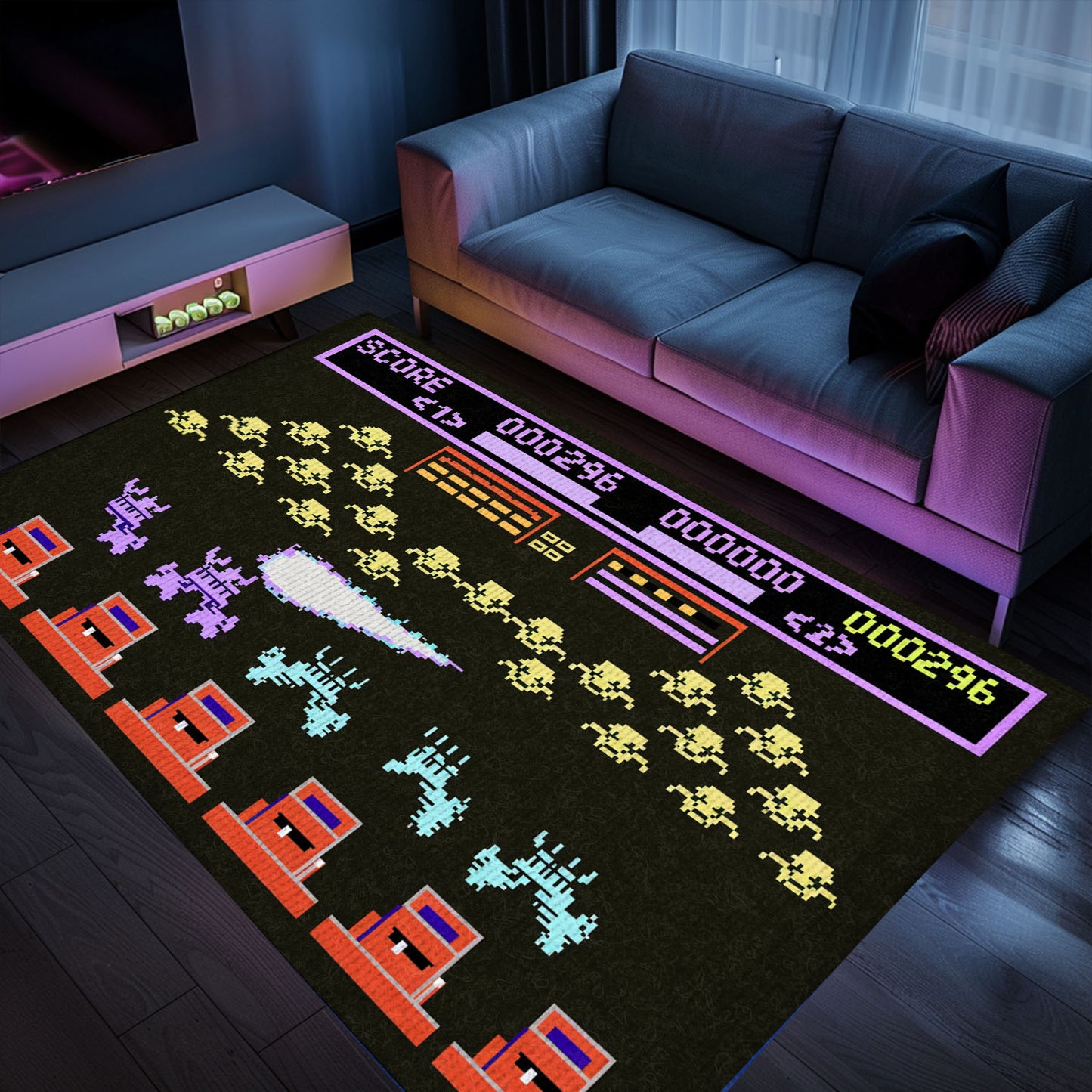 Dive into Gaming Nostalgia with Dark and Neon 80s Arcade Carpet, Embracing Space Invaders Atmosphere, Arcade Decor, Gift for Gamers, Video Game Lovers G164