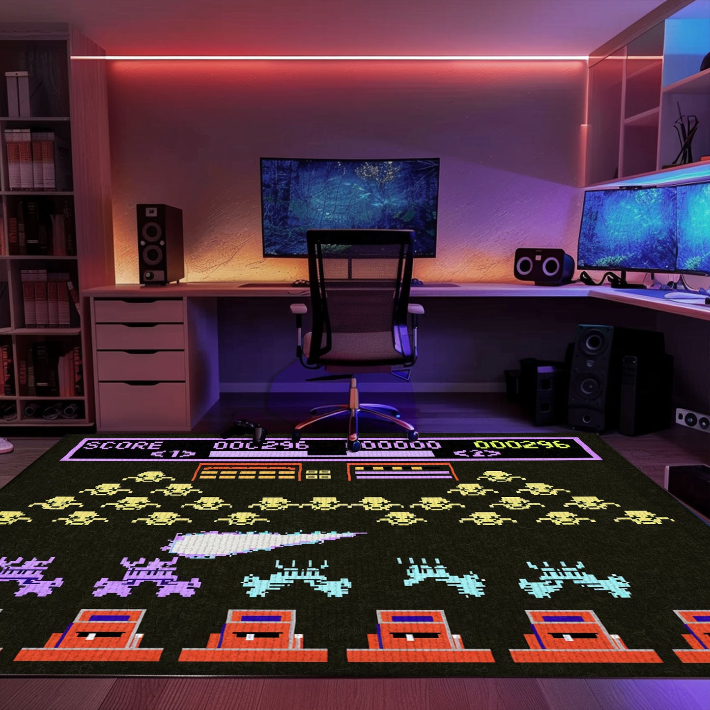 Dive into Gaming Nostalgia with Dark and Neon 80s Arcade Carpet, Embracing Space Invaders Atmosphere, Arcade Decor, Gift for Gamers, Video Game Lovers G164