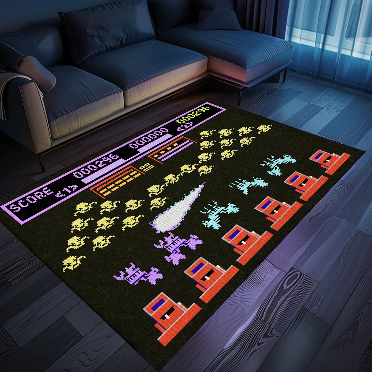 Dive into Gaming Nostalgia with Dark and Neon 80s Arcade Carpet, Embracing Space Invaders Atmosphere, Arcade Decor, Gift for Gamers, Video Game Lovers G164