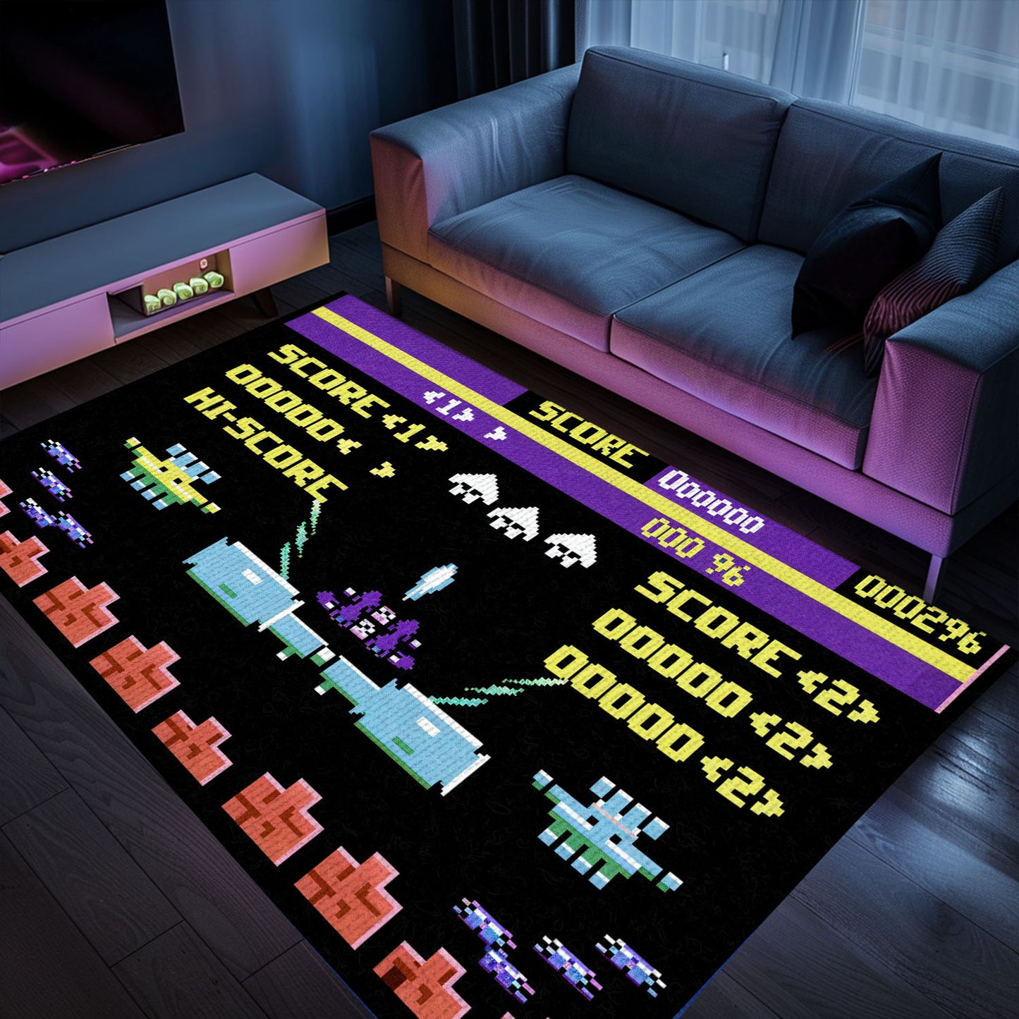Dark and Neon 80s Arcade Area Rug featuring Space Invaders: Perfect for Creating an Arcade-Inspired Living Space, Arcade Decor, Gift for Gamers, Video Game Lovers G160