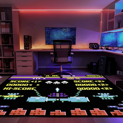 Dark and Neon 80s Arcade Area Rug featuring Space Invaders: Perfect for Creating an Arcade-Inspired Living Space, Arcade Decor, Gift for Gamers, Video Game Lovers G160
