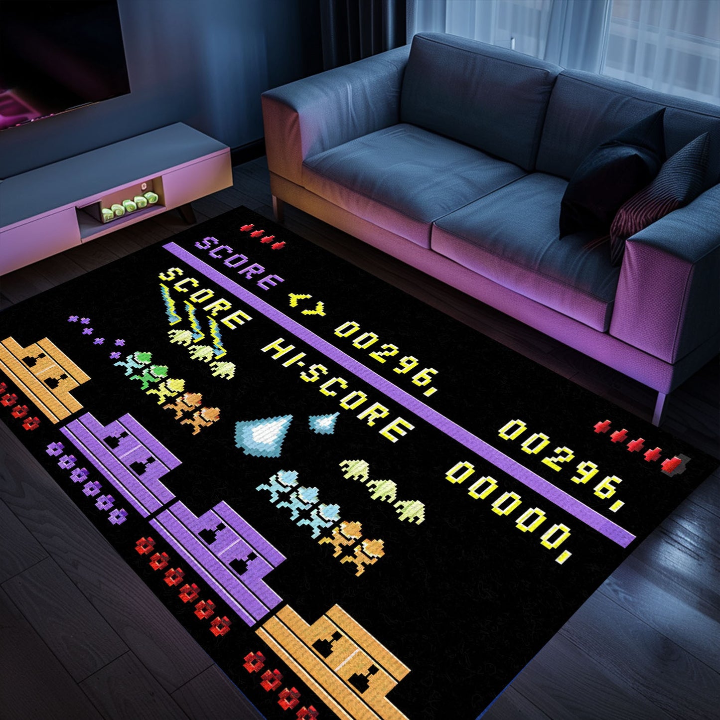 Dark and Neon 80s Arcade Area Rug adorned with Space Invaders: Elevate Your Gaming Experience with Retro Style, Arcade Decor, Gift for Gamers, Video Game Lovers G159