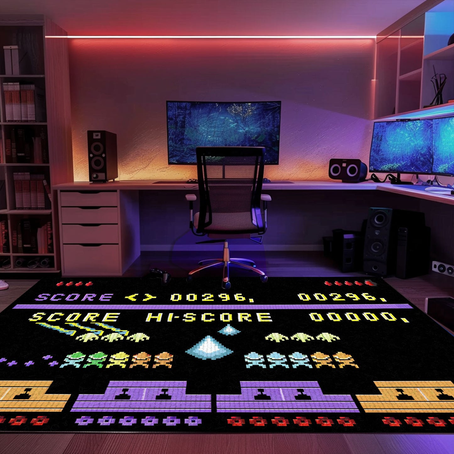 Dark and Neon 80s Arcade Area Rug adorned with Space Invaders: Elevate Your Gaming Experience with Retro Style, Arcade Decor, Gift for Gamers, Video Game Lovers G159