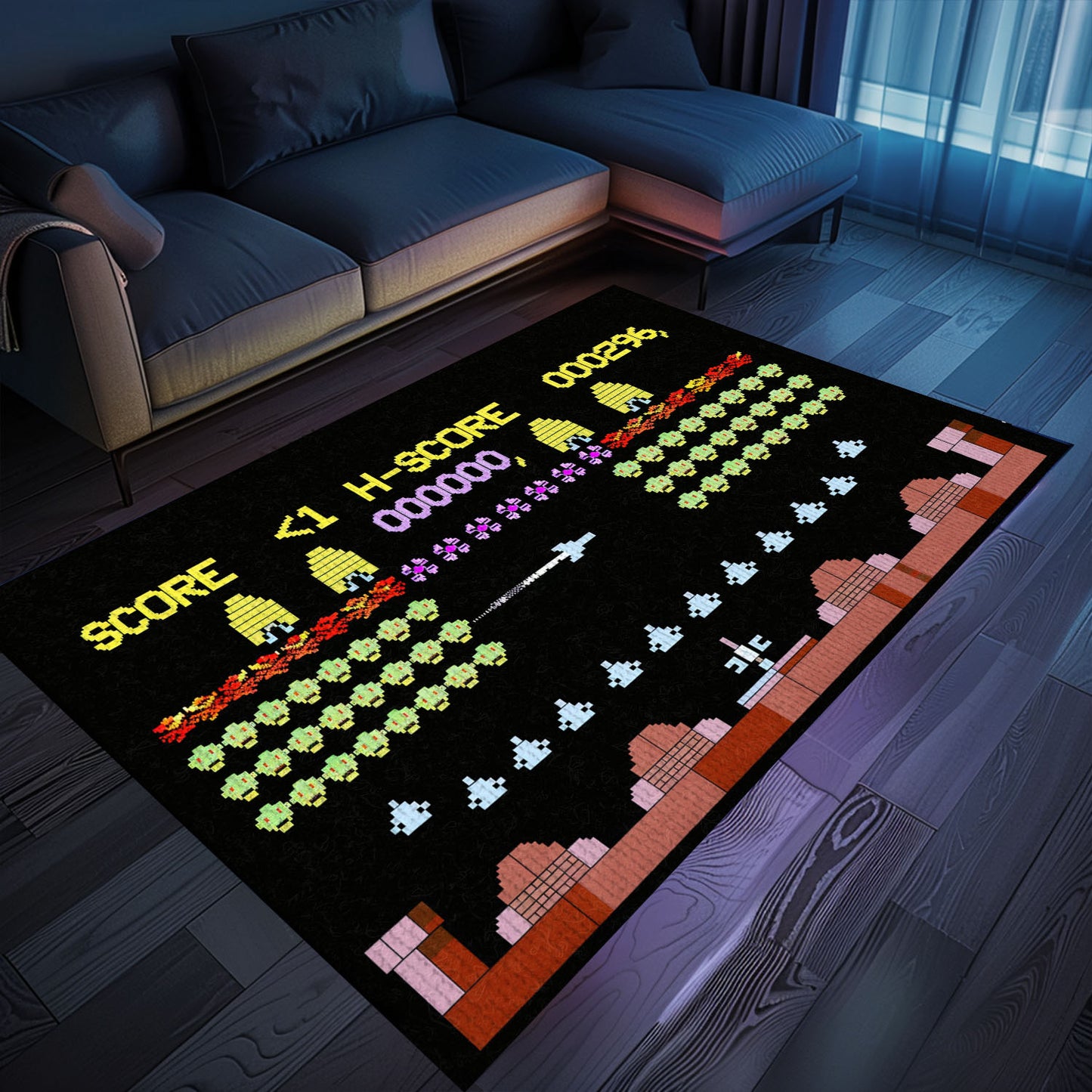 Dark and Neon 80s Arcade Area Rug adorned with Space Invaders: Ideal for Adding Nostalgia to Your Living Space, Arcade Decor, Gift for Gamers, Video Game Lovers G157