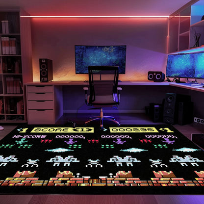 Dark and Neon 80s Arcade Area Rug featuring Space Invaders: Perfect for Gamers Looking for Unique Decor, Arcade Decor, Gift for Gamers, Video Game Lovers G156