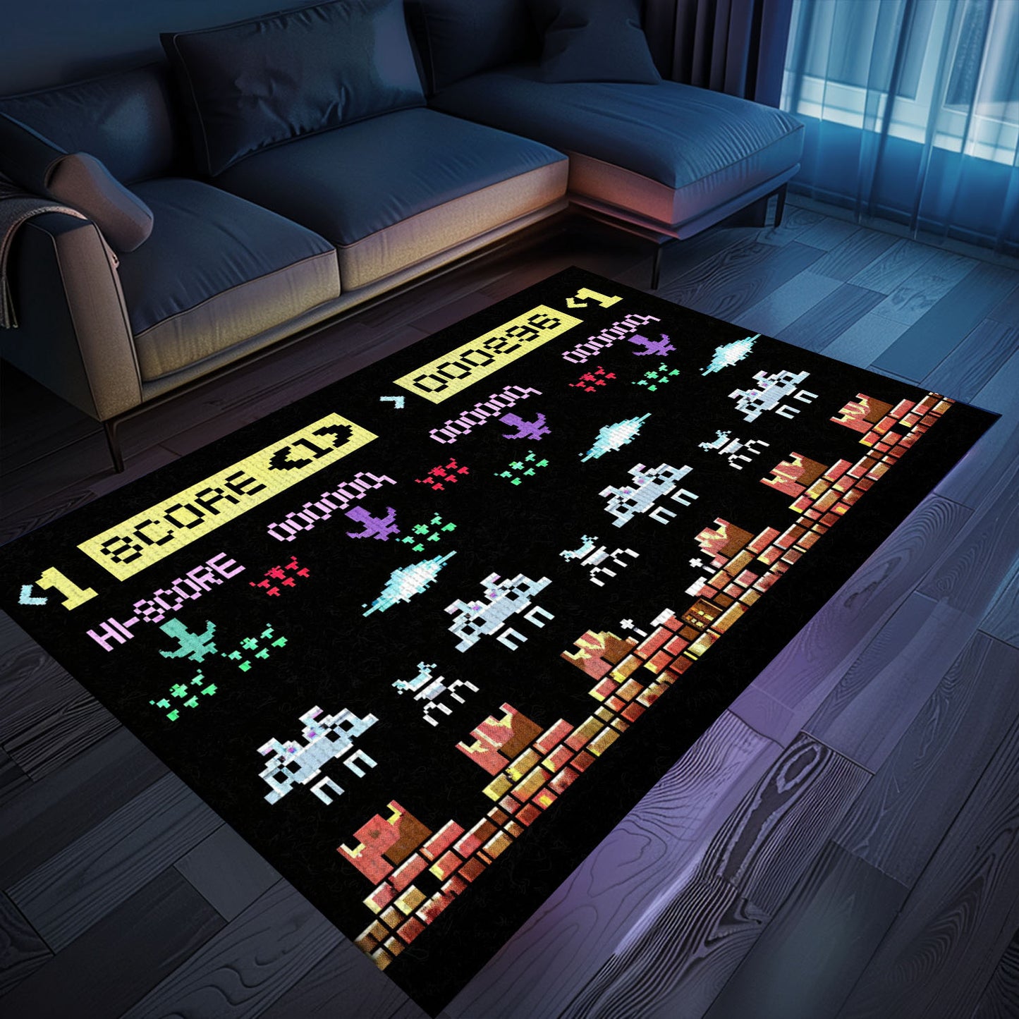 Dark and Neon 80s Arcade Area Rug featuring Space Invaders: Perfect for Gamers Looking for Unique Decor, Arcade Decor, Gift for Gamers, Video Game Lovers G156