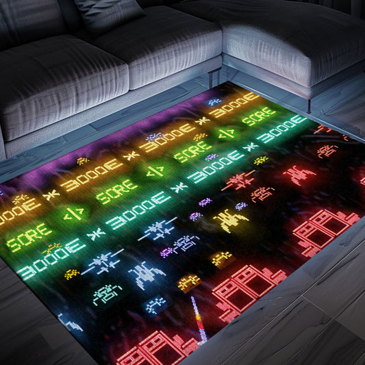 Dark and Neon 80s Arcade Area Rug adorned with Space Invaders: Enhance Your Home with Arcade Charm, Arcade Decor, Gift for Gamers, Video Game Lovers G155