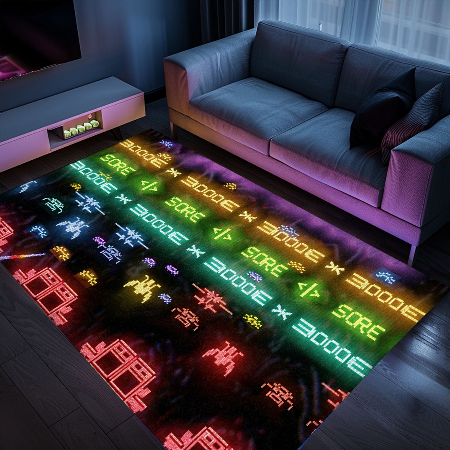 Dark and Neon 80s Arcade Area Rug adorned with Space Invaders: Enhance Your Home with Arcade Charm, Arcade Decor, Gift for Gamers, Video Game Lovers G155