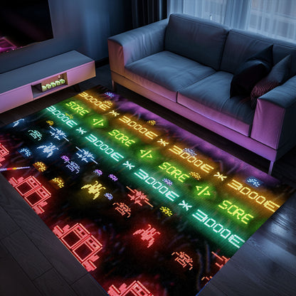 Dark and Neon 80s Arcade Area Rug adorned with Space Invaders: Enhance Your Home with Arcade Charm, Arcade Decor, Gift for Gamers, Video Game Lovers G155