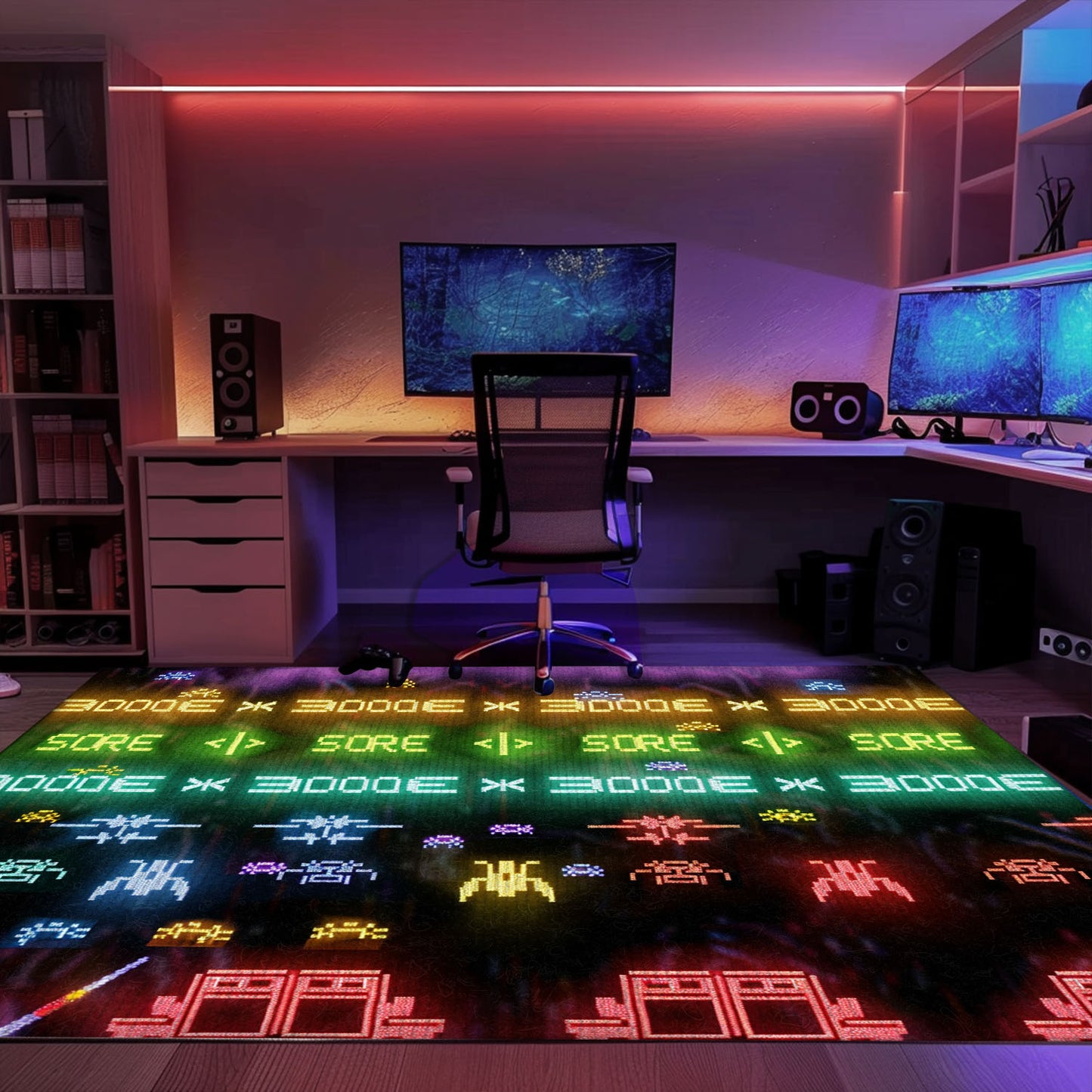 Dark and Neon 80s Arcade Area Rug adorned with Space Invaders: Enhance Your Home with Arcade Charm, Arcade Decor, Gift for Gamers, Video Game Lovers G155