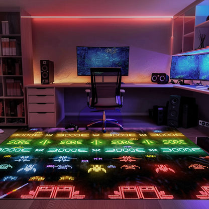 Dark and Neon 80s Arcade Area Rug adorned with Space Invaders: Enhance Your Home with Arcade Charm, Arcade Decor, Gift for Gamers, Video Game Lovers G155