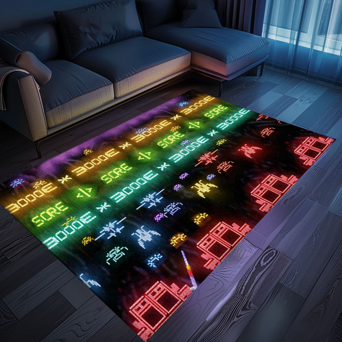 Dark and Neon 80s Arcade Area Rug adorned with Space Invaders: Enhance Your Home with Arcade Charm, Arcade Decor, Gift for Gamers, Video Game Lovers G155