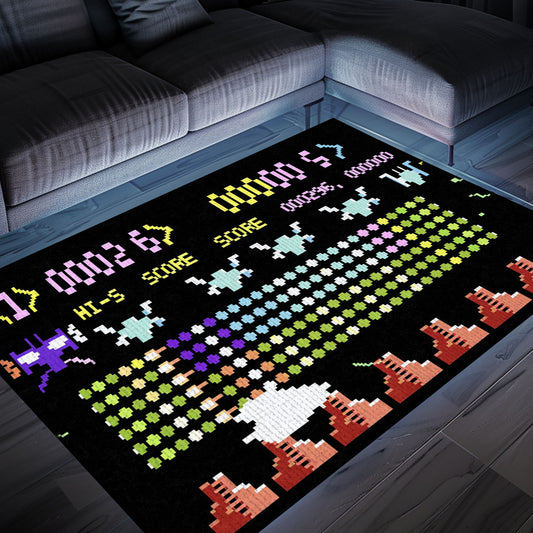 Dark and Neon 80s Arcade Area Rug featuring Space Invaders: Perfect for Creating a Gaming-Focused Atmosphere, Arcade Decor, Gift for Gamers, Video Game Lovers G154