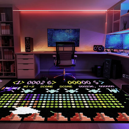 Dark and Neon 80s Arcade Area Rug featuring Space Invaders: Perfect for Creating a Gaming-Focused Atmosphere, Arcade Decor, Gift for Gamers, Video Game Lovers G154