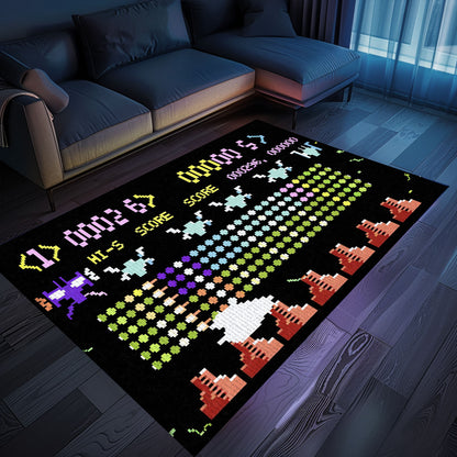 Dark and Neon 80s Arcade Area Rug featuring Space Invaders: Perfect for Creating a Gaming-Focused Atmosphere, Arcade Decor, Gift for Gamers, Video Game Lovers G154